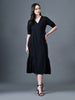 Myshka Women Black Polyester A-Line V-Neck Solid Knee Length Short Sleeves Dresses - Distacart