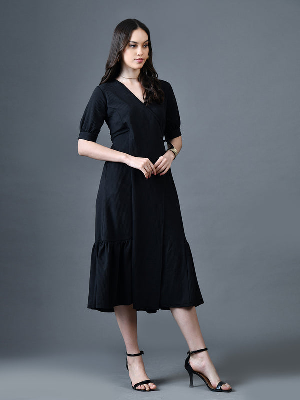 Myshka Women Black Polyester A-Line V-Neck Solid Knee Length Short Sleeves Dresses - Distacart