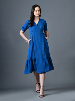 Myshka Women Blue Polyester A-Line V-Neck Solid Knee Length Short Sleeves Dresses