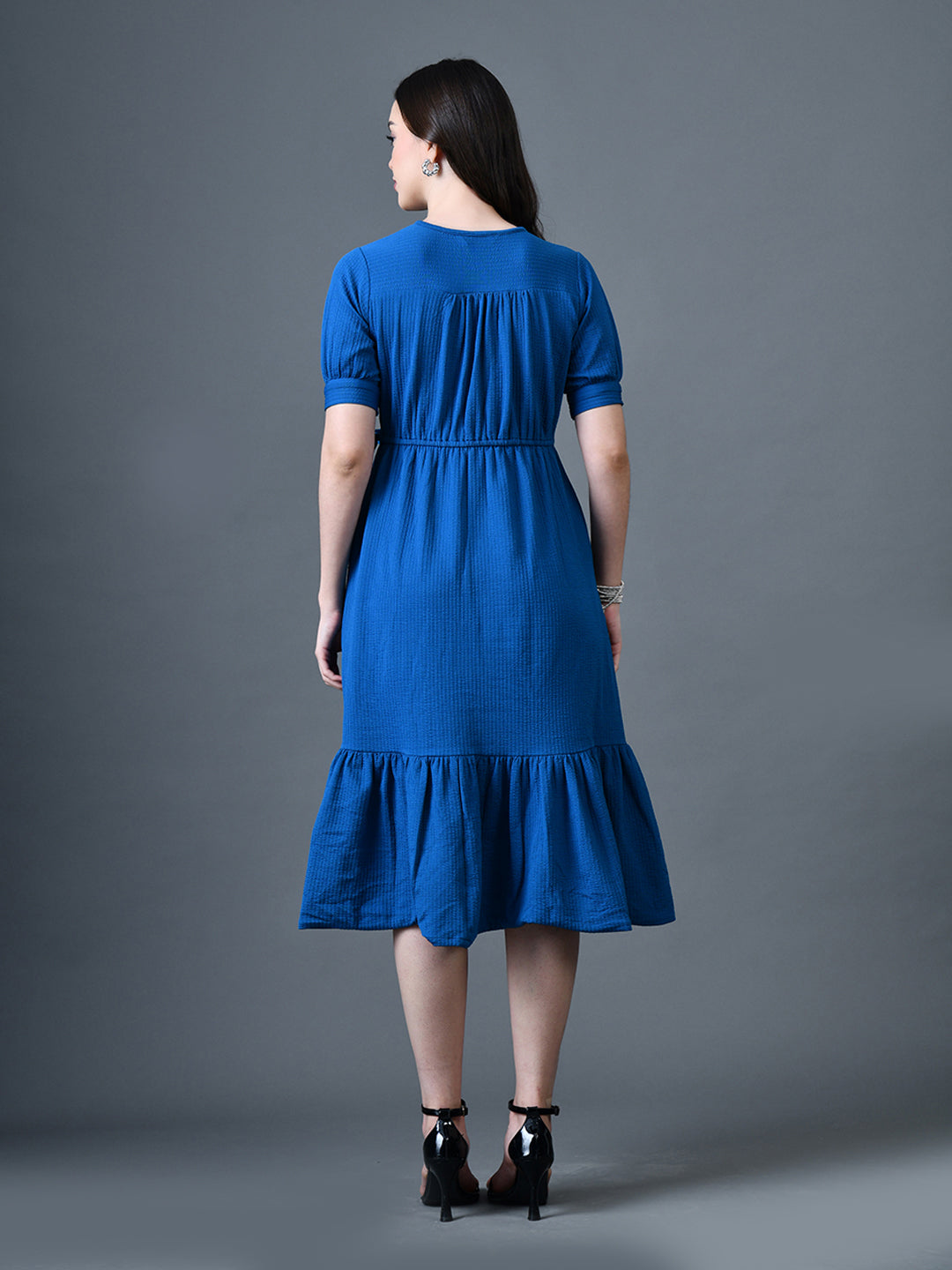 Myshka Women Blue Polyester A-Line V-Neck Solid Knee Length Short Sleeves Dresses - Distacart