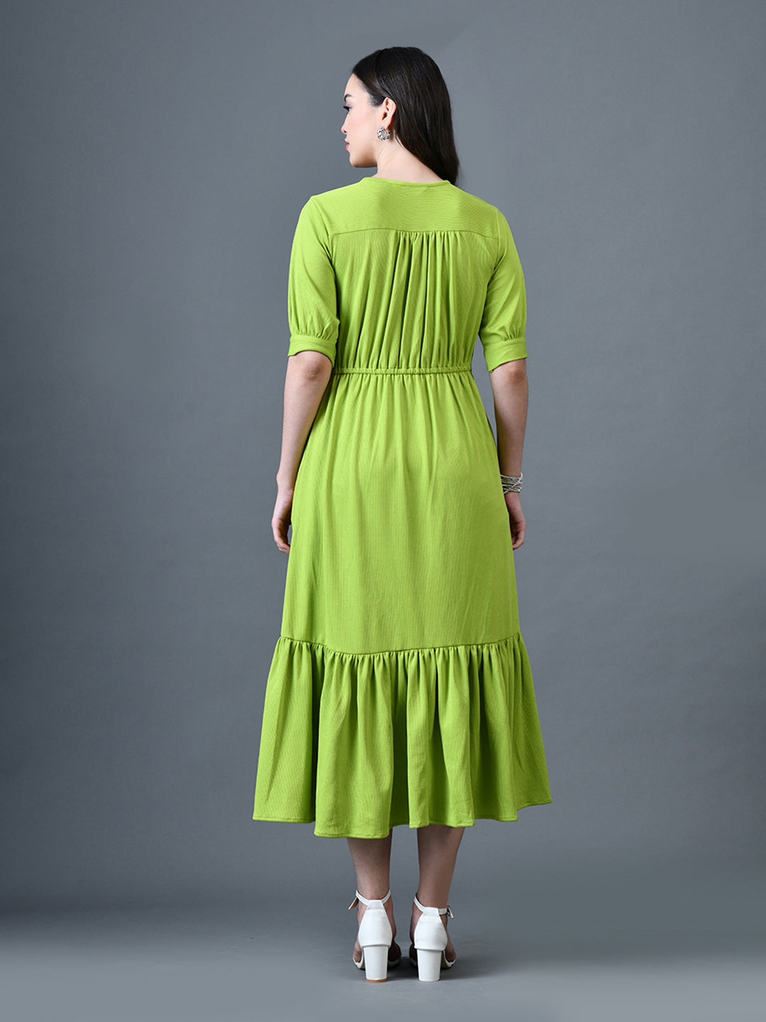 Myshka Women Sea Green Polyester A-Line V-Neck Solid Knee Length Short Sleeves Dresses - Distacart