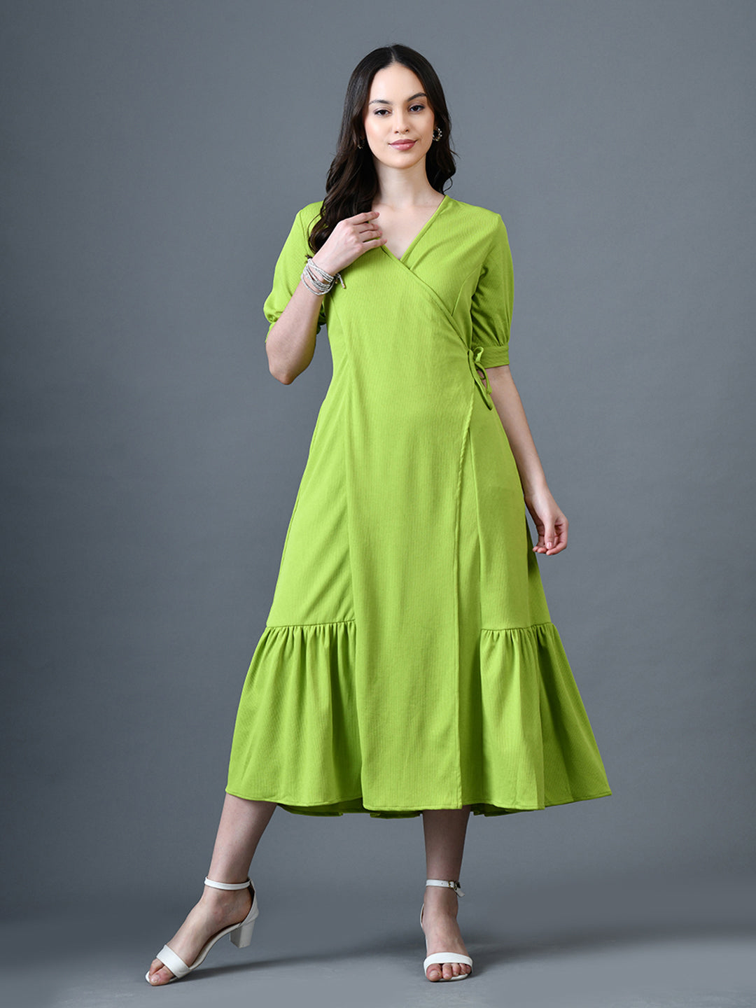 Myshka Women Sea Green Polyester A-Line V-Neck Solid Knee Length Short Sleeves Dresses - Distacart