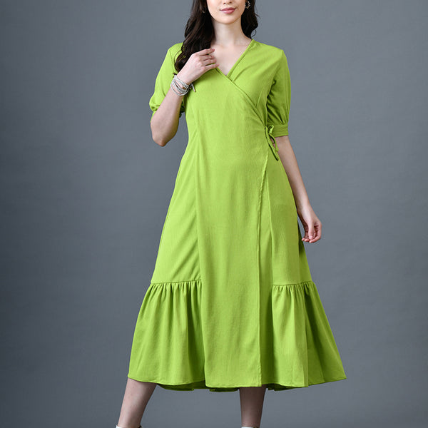 Myshka Women Sea Green Polyester A-Line V-Neck Solid Knee Length Short Sleeves Dresses - Distacart