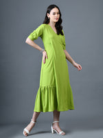 Thumbnail for Myshka Women Sea Green Polyester A-Line V-Neck Solid Knee Length Short Sleeves Dresses - Distacart