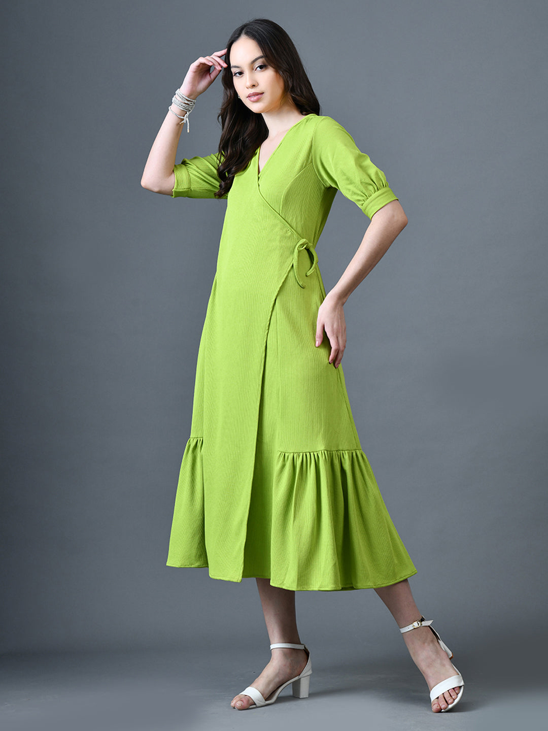 Myshka Women Sea Green Polyester A-Line V-Neck Solid Knee Length Short Sleeves Dresses - Distacart