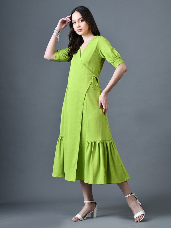 Myshka Women Sea Green Polyester A-Line V-Neck Solid Knee Length Short Sleeves Dresses - Distacart
