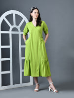 Thumbnail for Myshka Women Sea Green Polyester A-Line V-Neck Solid Knee Length Short Sleeves Dresses - Distacart