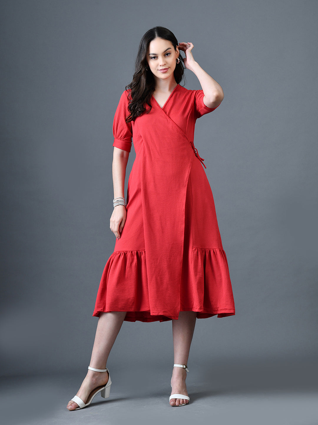 Myshka Women Red Polyester A-Line V-Neck Solid Knee Length Short Sleeves Dresses - Distacart