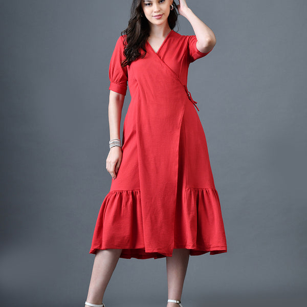 Myshka Women Red Polyester A-Line V-Neck Solid Knee Length Short Sleeves Dresses - Distacart