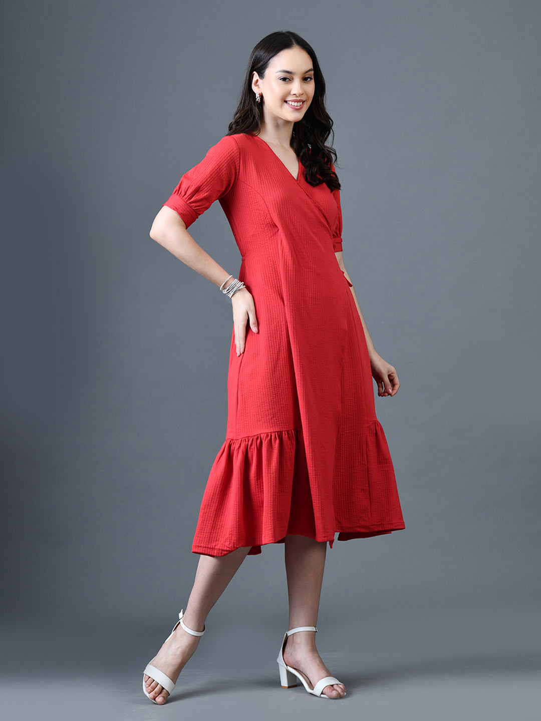 Myshka Women Red Polyester A-Line V-Neck Solid Knee Length Short Sleeves Dresses - Distacart