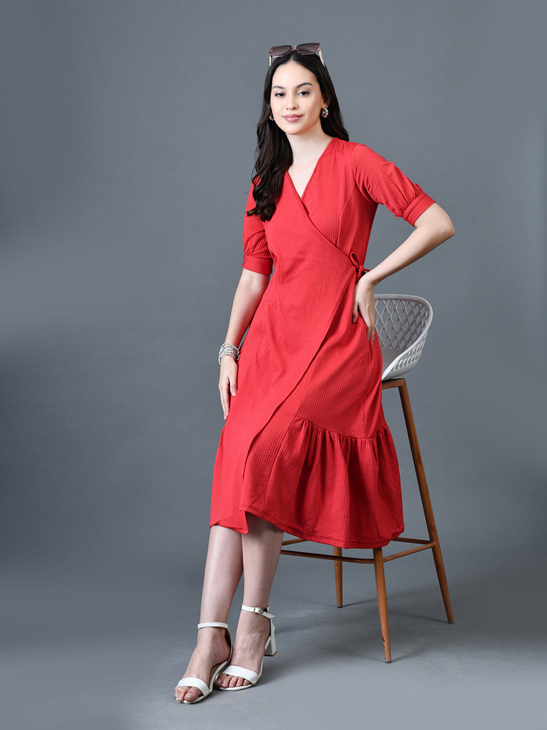 Myshka Women Red Polyester A-Line V-Neck Solid Knee Length Short Sleeves Dresses - Distacart