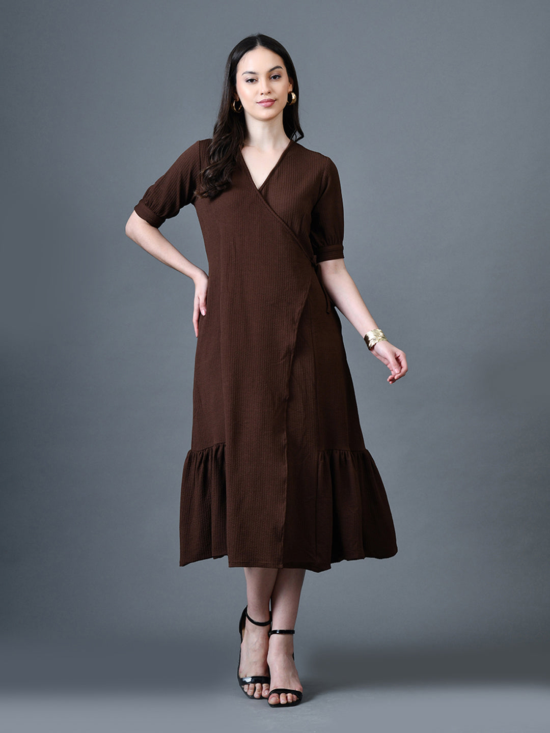 Myshka Women Brown Polyester A-Line V-Neck Solid Knee Length Short Sleeves Dresses - Distacart