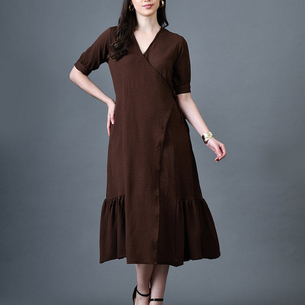 Myshka Women Brown Polyester A-Line V-Neck Solid Knee Length Short Sleeves Dresses - Distacart