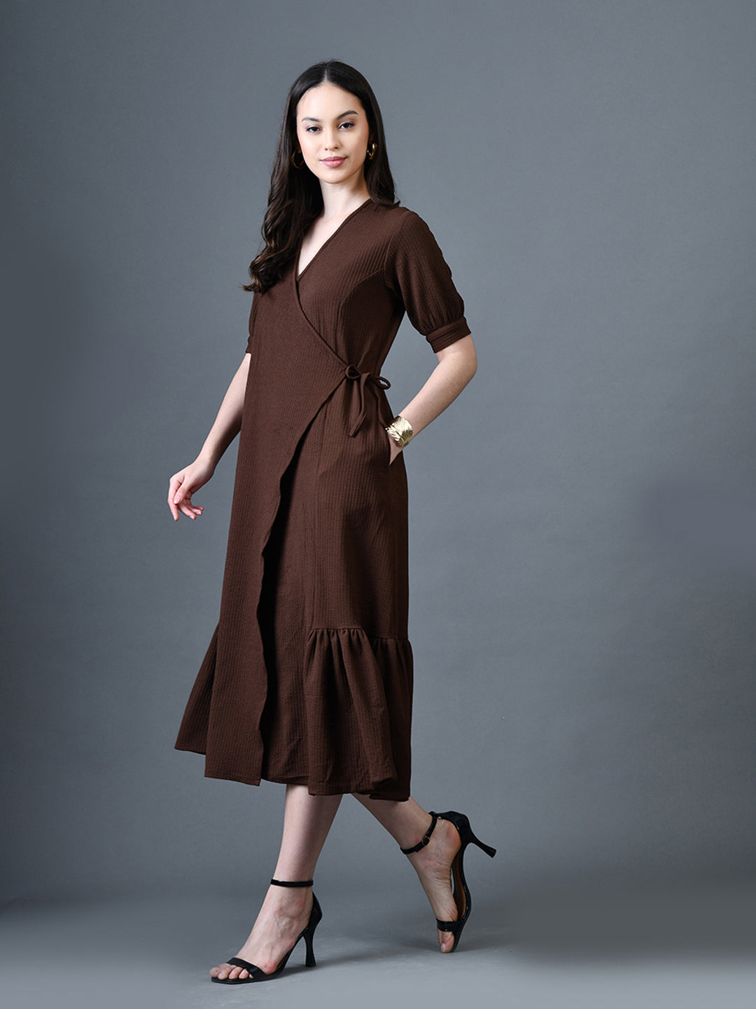 Myshka Women Brown Polyester A-Line V-Neck Solid Knee Length Short Sleeves Dresses - Distacart