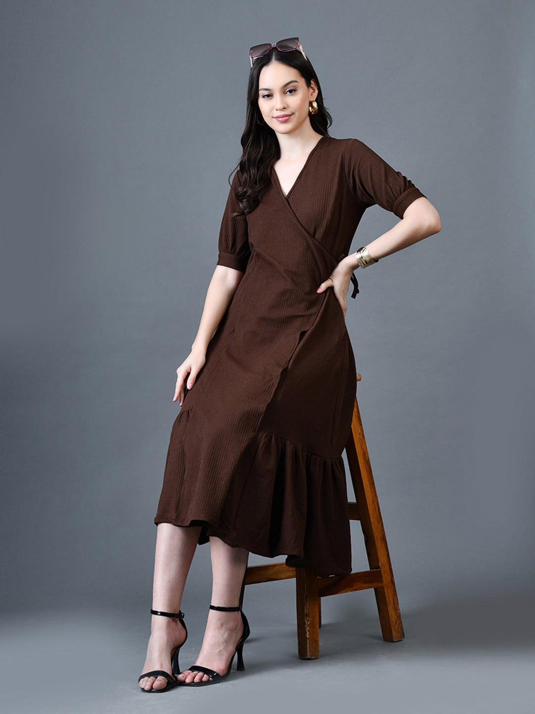 Myshka Women Brown Polyester A-Line V-Neck Solid Knee Length Short Sleeves Dresses - Distacart