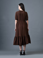 Thumbnail for Myshka Women Brown Polyester A-Line V-Neck Solid Knee Length Short Sleeves Dresses - Distacart