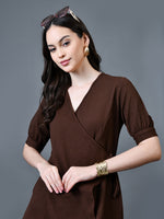 Thumbnail for Myshka Women Brown Polyester A-Line V-Neck Solid Knee Length Short Sleeves Dresses - Distacart