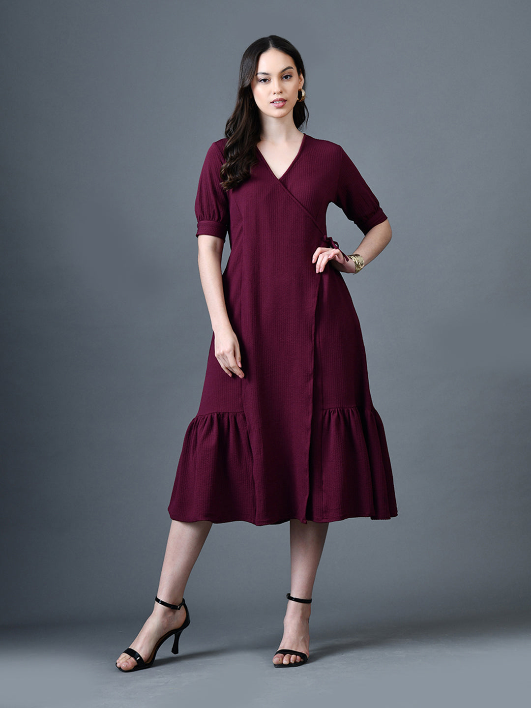 Myshka Women Magenta Polyester A-Line V-Neck Solid Knee Length Short Sleeves Dresses - Distacart