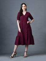 Thumbnail for Myshka Women Magenta Polyester A-Line V-Neck Solid Knee Length Short Sleeves Dresses - Distacart