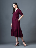 Thumbnail for Myshka Women Magenta Polyester A-Line V-Neck Solid Knee Length Short Sleeves Dresses - Distacart
