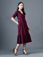 Thumbnail for Myshka Women Magenta Polyester A-Line V-Neck Solid Knee Length Short Sleeves Dresses - Distacart