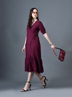 Thumbnail for Myshka Women Magenta Polyester A-Line V-Neck Solid Knee Length Short Sleeves Dresses - Distacart