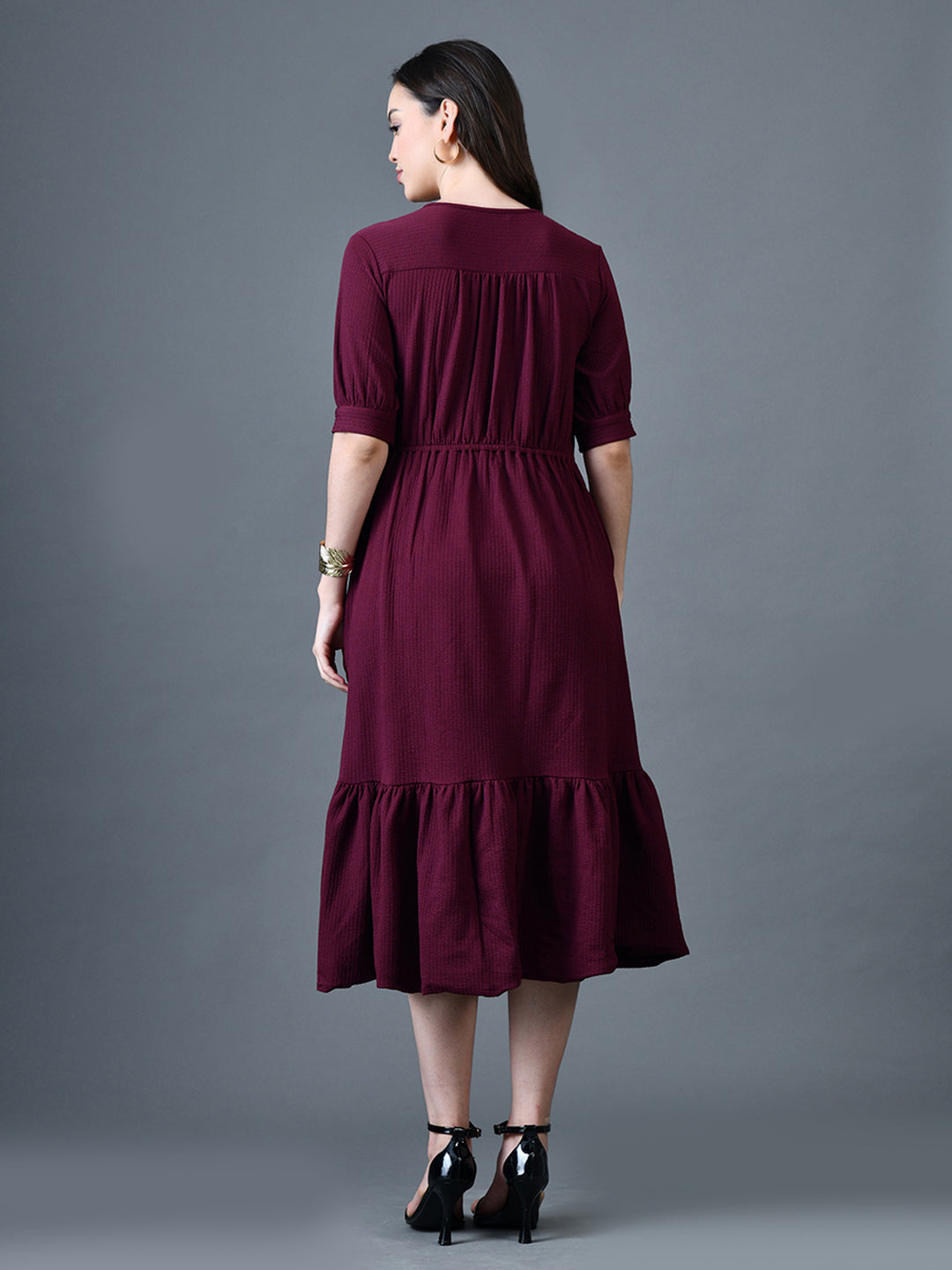 Myshka Women Magenta Polyester A-Line V-Neck Solid Knee Length Short Sleeves Dresses - Distacart