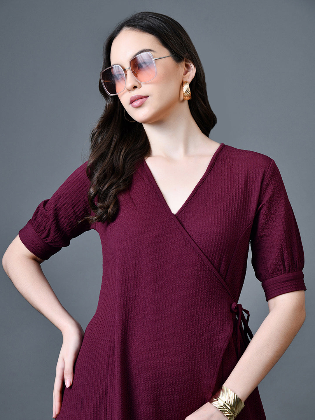 Myshka Women Magenta Polyester A-Line V-Neck Solid Knee Length Short Sleeves Dresses - Distacart
