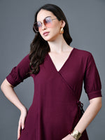 Thumbnail for Myshka Women Magenta Polyester A-Line V-Neck Solid Knee Length Short Sleeves Dresses - Distacart