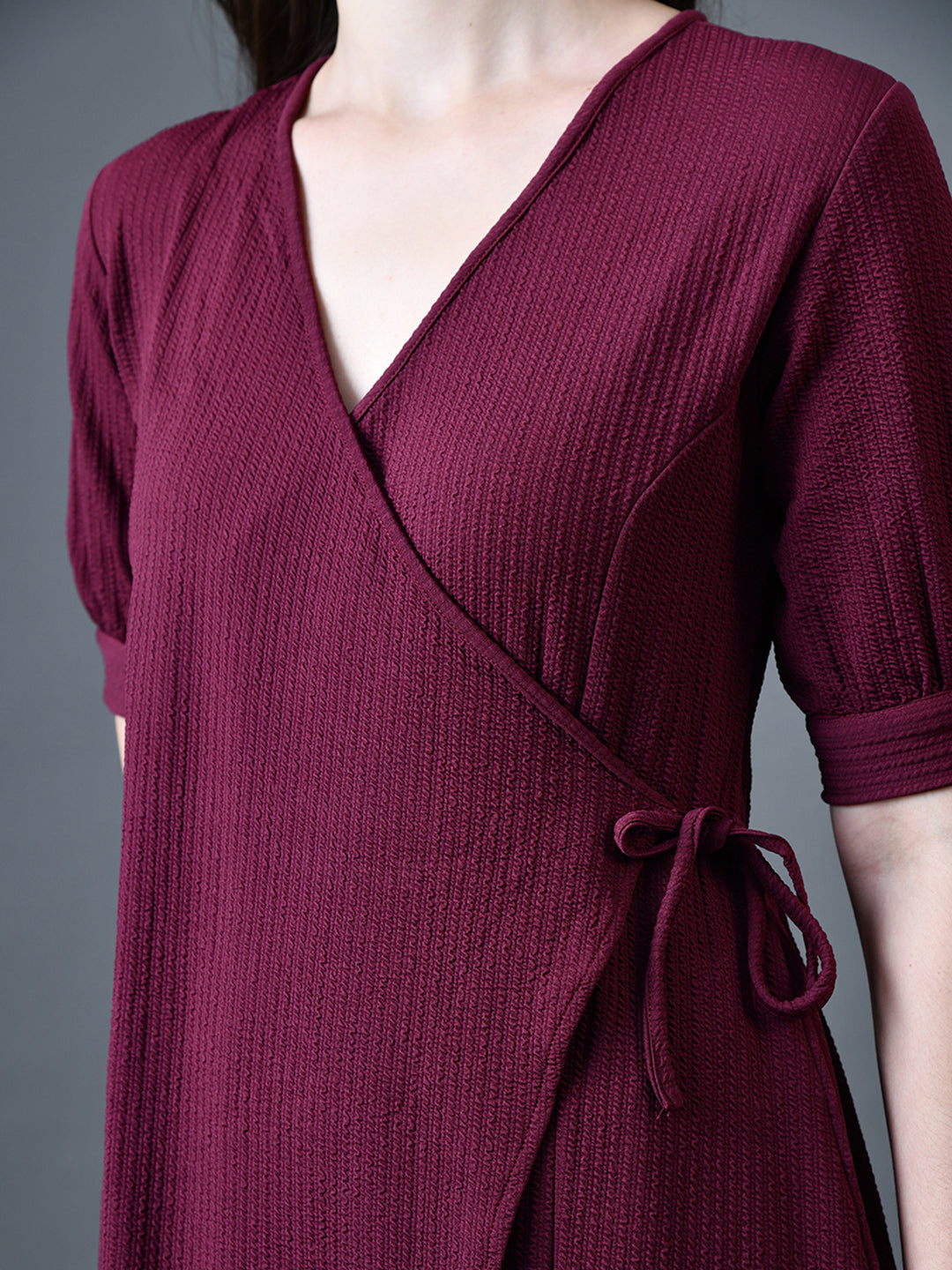 Myshka Women Magenta Polyester A-Line V-Neck Solid Knee Length Short Sleeves Dresses - Distacart
