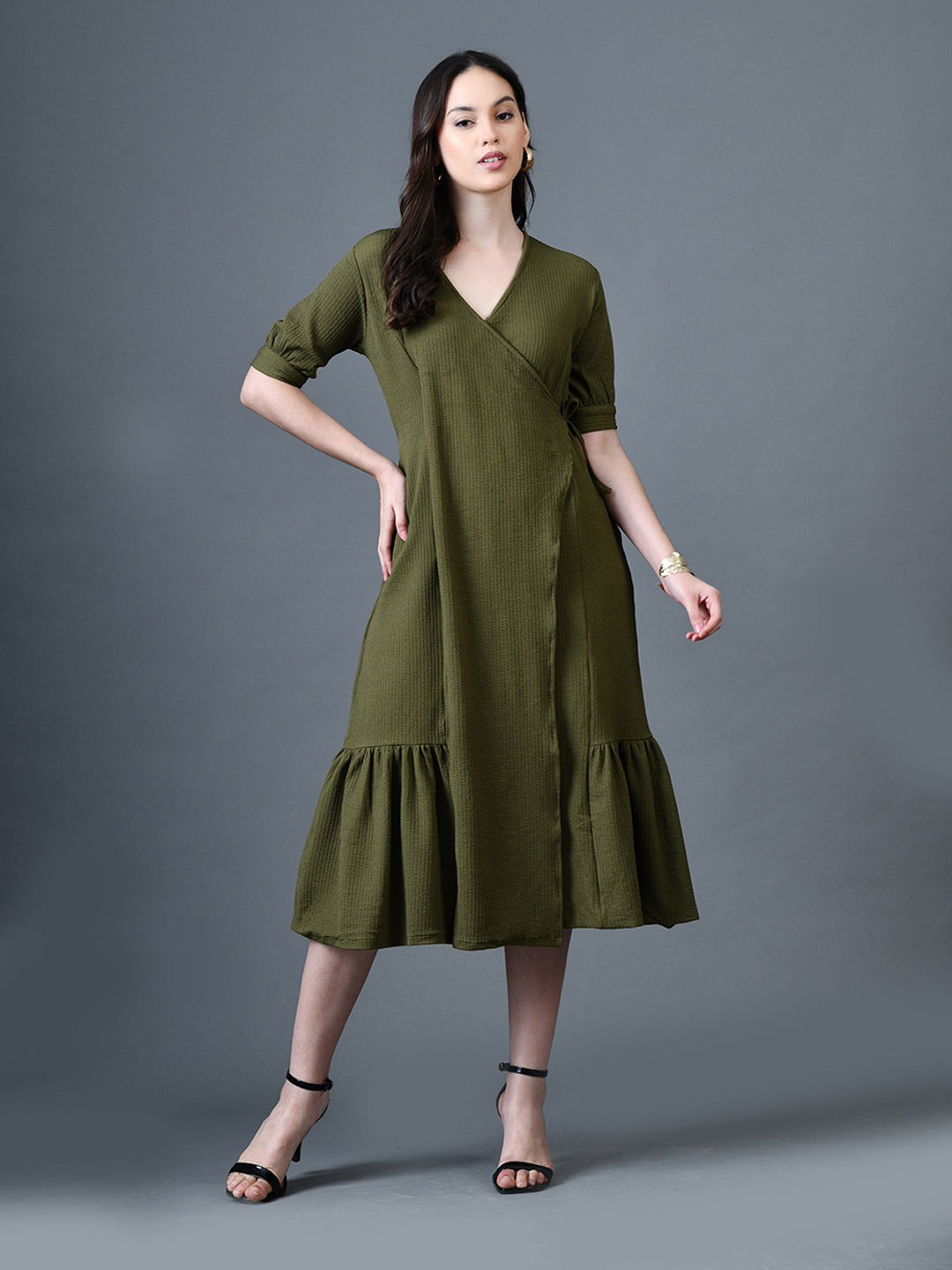 Myshka Women Olive Polyester A-Line V-Neck Solid Knee Length Short Sleeves Dresses - Distacart