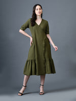 Thumbnail for Myshka Women Olive Polyester A-Line V-Neck Solid Knee Length Short Sleeves Dresses