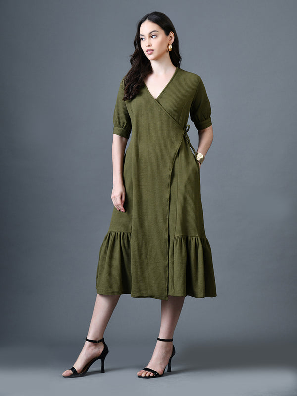 Myshka Women Olive Polyester A-Line V-Neck Solid Knee Length Short Sleeves Dresses