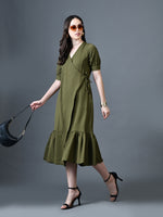 Thumbnail for Myshka Women Olive Polyester A-Line V-Neck Solid Knee Length Short Sleeves Dresses