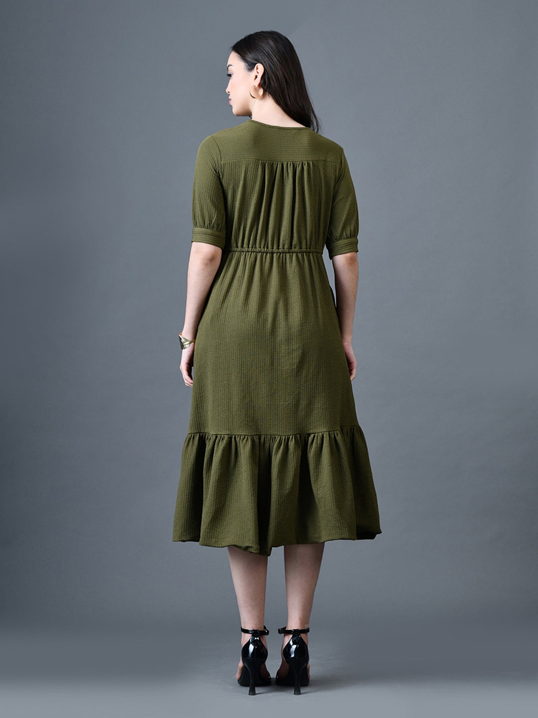 Myshka Women Olive Polyester A-Line V-Neck Solid Knee Length Short Sleeves Dresses