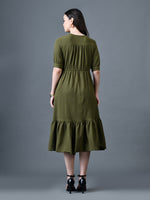 Thumbnail for Myshka Women Olive Polyester A-Line V-Neck Solid Knee Length Short Sleeves Dresses