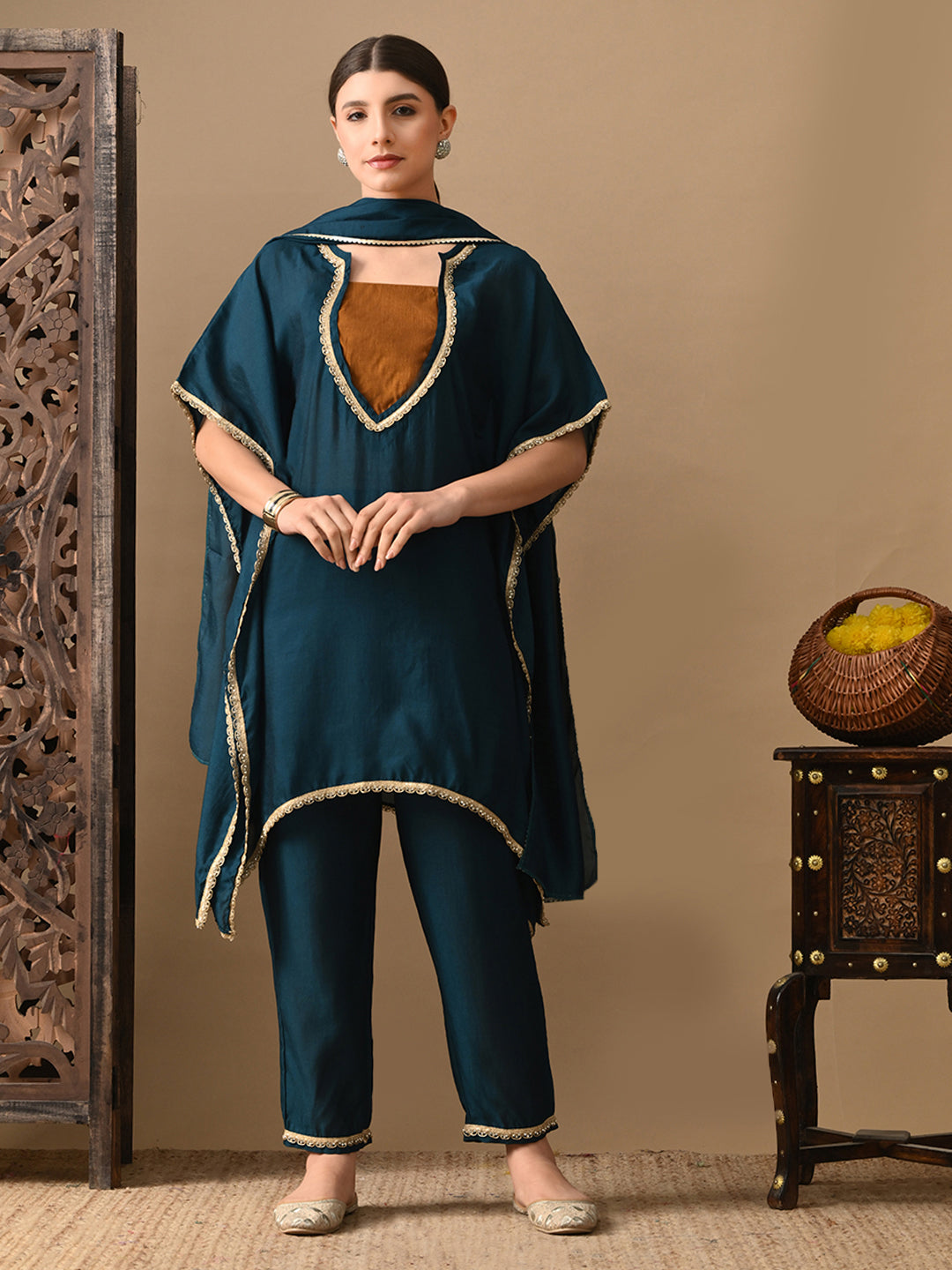 Myshka Green Silk Blend Kaftan Sweetheart Neck Short Sleeves Kurta Trousers With Dupatta - Distacart