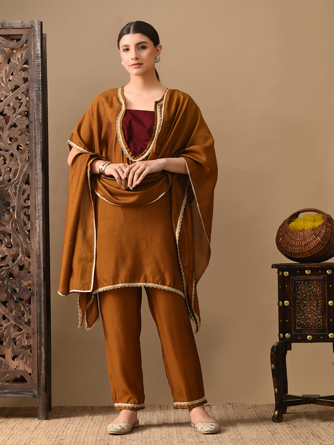 Myshka Mustard Silk Blend Kaftan Sweetheart Neck Short Sleeves Kurta Trousers With Dupatta - Distacart