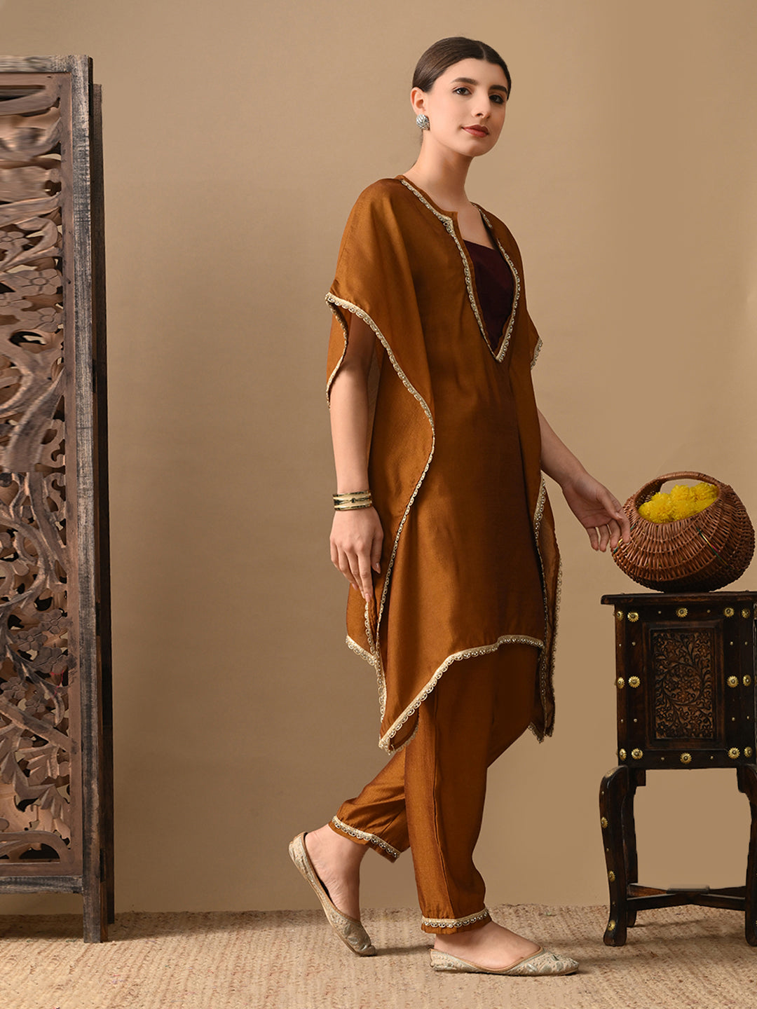 Myshka Mustard Silk Blend Kaftan Sweetheart Neck Short Sleeves Kurta Trousers With Dupatta - Distacart