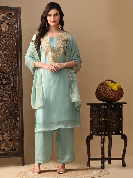 Myshka blue Silk Blend Straight Round Neck Short Sleeves Kurta Trousers With Dupatta - Distacart