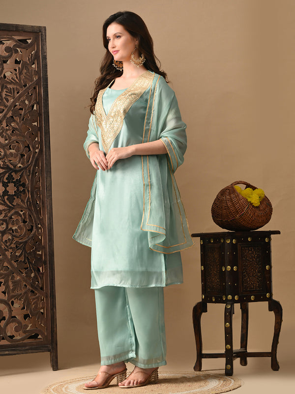 Myshka blue Silk Blend Straight Round Neck Short Sleeves Kurta Trousers With Dupatta