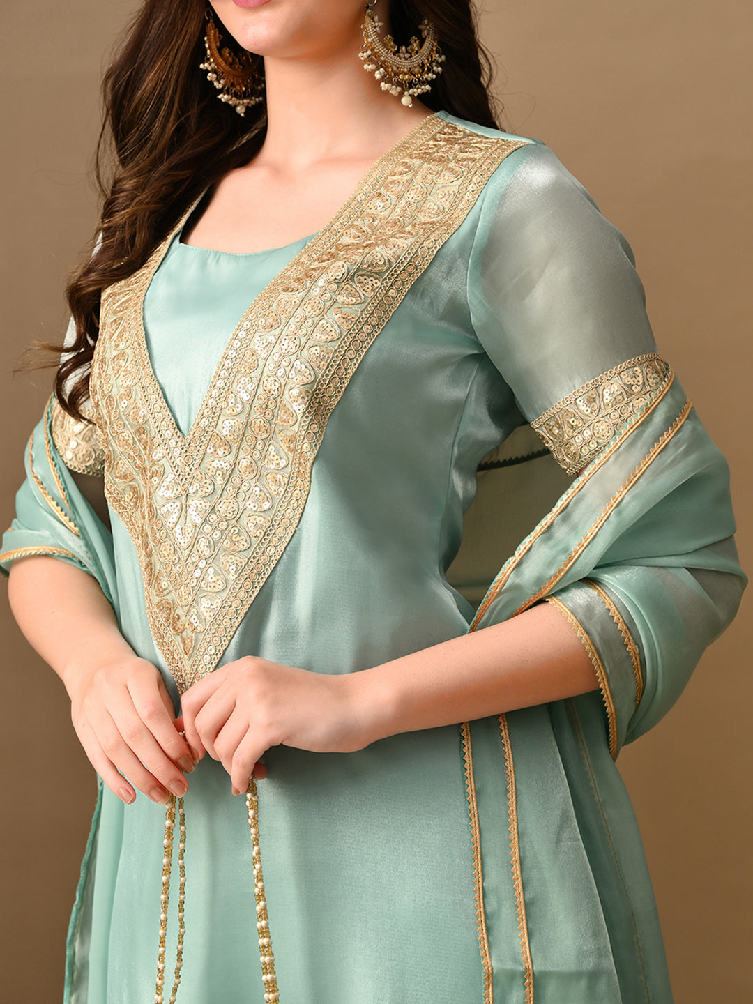 Myshka blue Silk Blend Straight Round Neck Short Sleeves Kurta Trousers With Dupatta