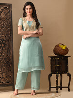 Thumbnail for Myshka blue Silk Blend Straight Round Neck Short Sleeves Kurta Trousers With Dupatta