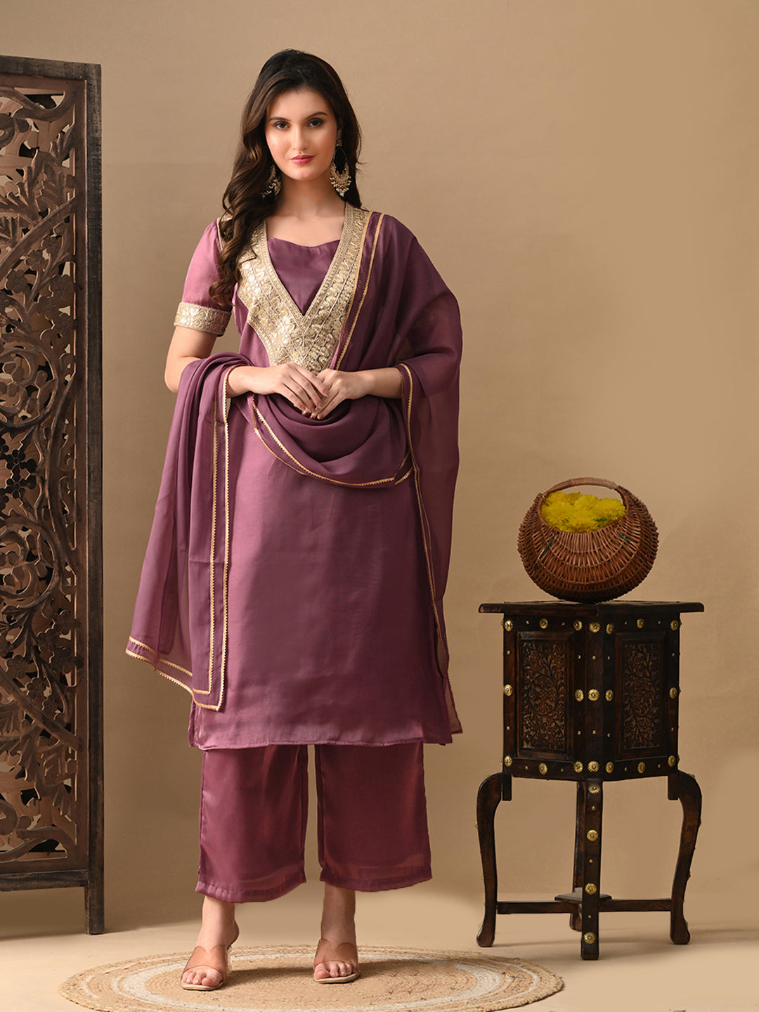 Myshka Mauve Silk Blend Straight Round Neck Short Sleeves Kurta Trousers With Dupatta - Distacart