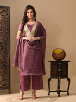Thumbnail for Myshka Mauve Silk Blend Straight Round Neck Short Sleeves Kurta Trousers With Dupatta