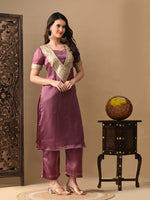 Thumbnail for Myshka Mauve Silk Blend Straight Round Neck Short Sleeves Kurta Trousers With Dupatta