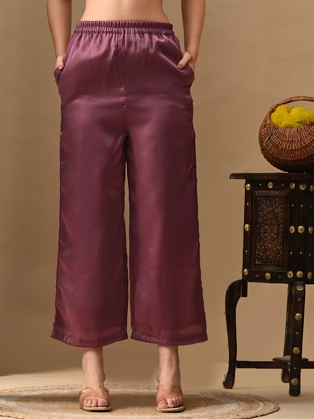 Myshka Mauve Silk Blend Straight Round Neck Short Sleeves Kurta Trousers With Dupatta