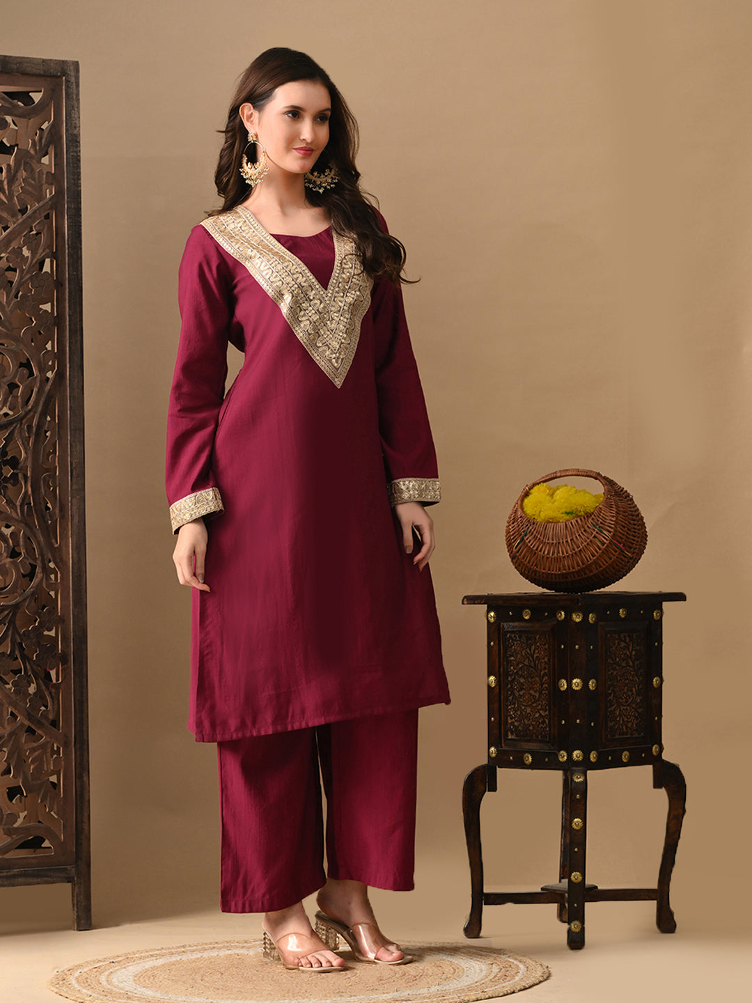 Myshka Wine Silk Blend Straight Round Neck Long Sleeves Kurta Trousers With Dupatta