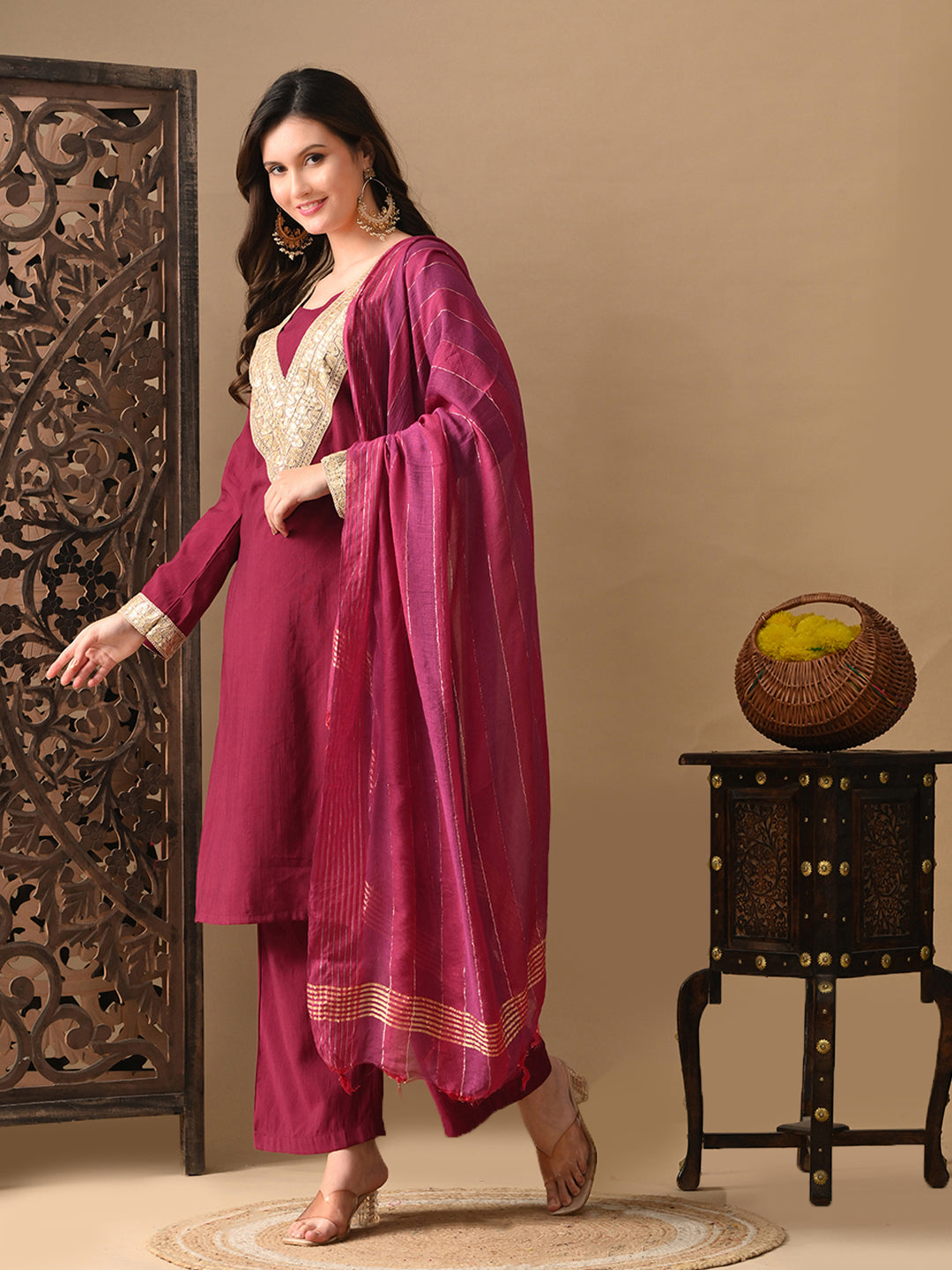 Myshka Wine Silk Blend Straight Round Neck Long Sleeves Kurta Trousers With Dupatta