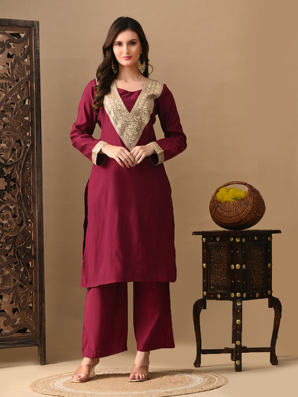 Myshka Wine Silk Blend Straight Round Neck Long Sleeves Kurta Trousers With Dupatta